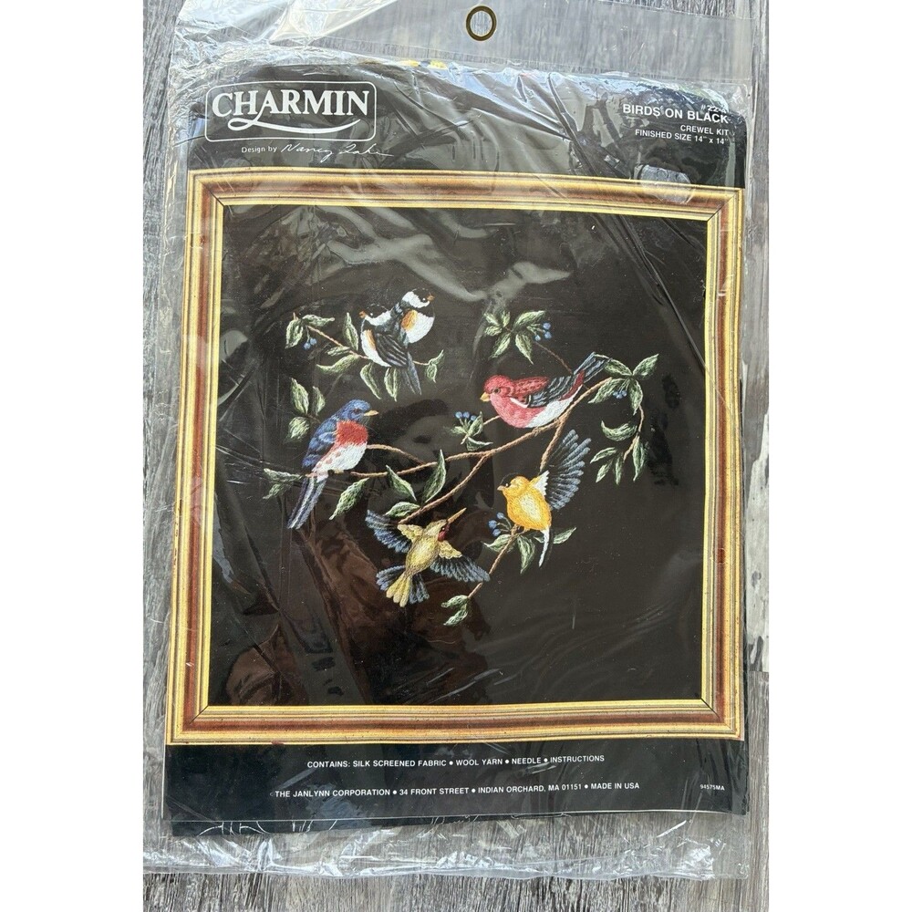 Vintage Janlynn Charmin “Birds on Black” crewel embroidery kit #22-4